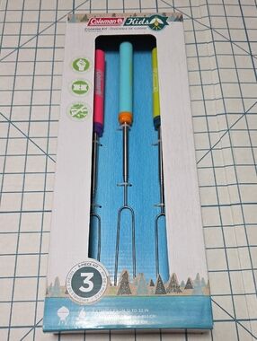 Coleman Kids roasting forks with pink, teal, yellow handles